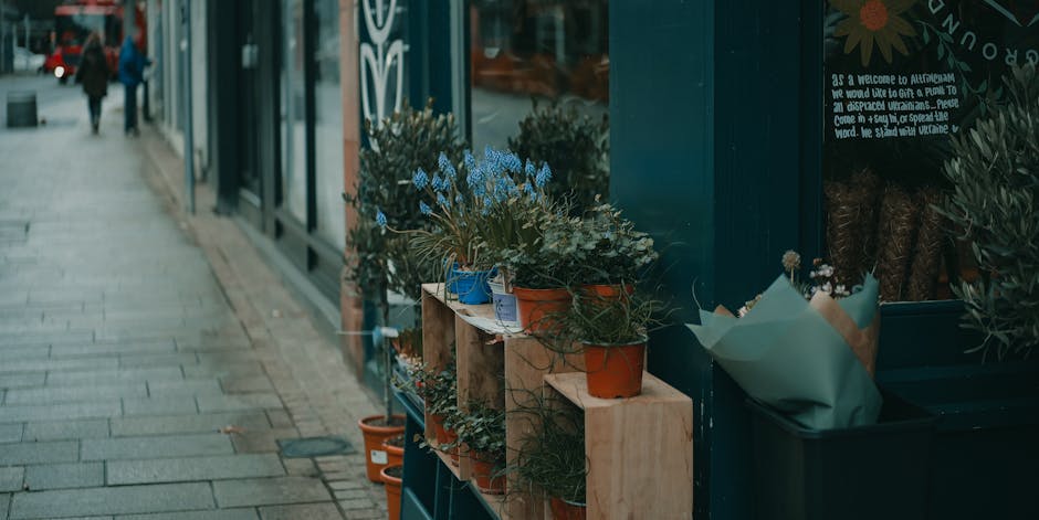 A row of potted flowering plants displayed on wooden shelves outside a shop, with various shades of blue, white, and green flowers and foliage in terracotta and ceramic pots. The arrangement is placed
